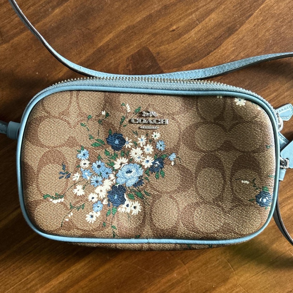 Coach Tan and Blue Floral Crossbody Bag